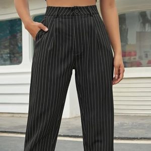 Pinstripe trousers, slacks, tailored pants.